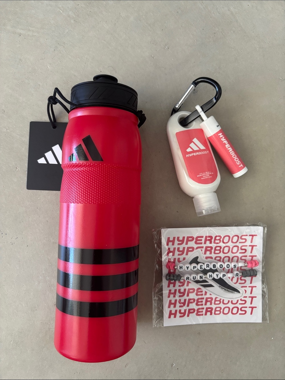New Adidas Squeeze Bottle, Hyperboost Bracelets & Sunscreen w Lip Balm Carabiner